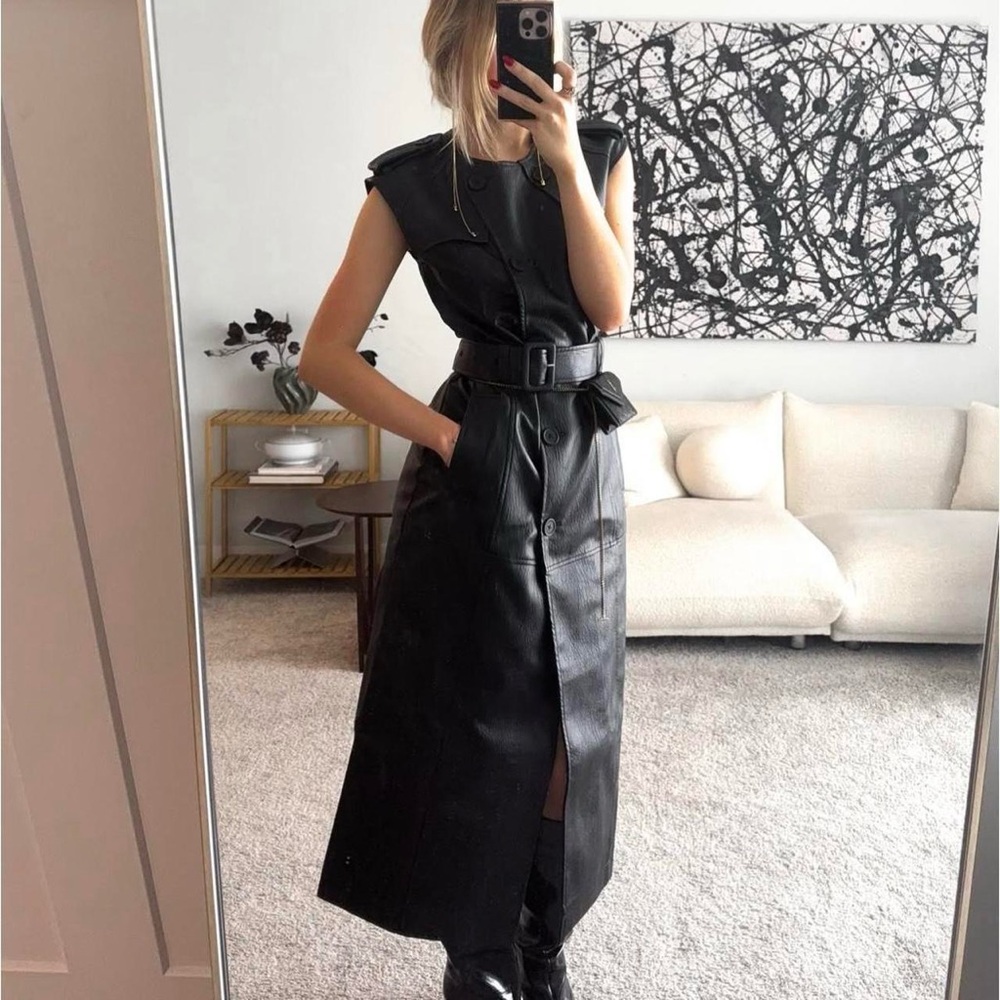 NA-KD Black Faux PU Leather belt detail midi button front trench dress